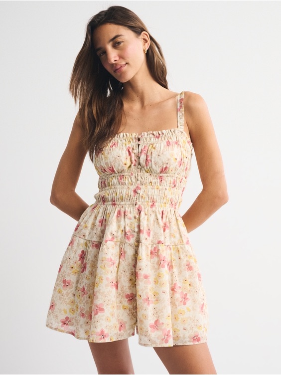 Nwt Abercrombie & Fitch Bra-Free Button-Through Smocked Mini Dress Pink Floral
